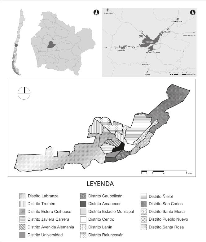 Arriba: ubicación de la comuna de Temuco dentro de su contexto regional y la relación de esta ciudad con los centros urbanos menores que lo rodean. Abajo: división distrital del área urbana de la ciudad de Temuco. Fuente: elaboración propia