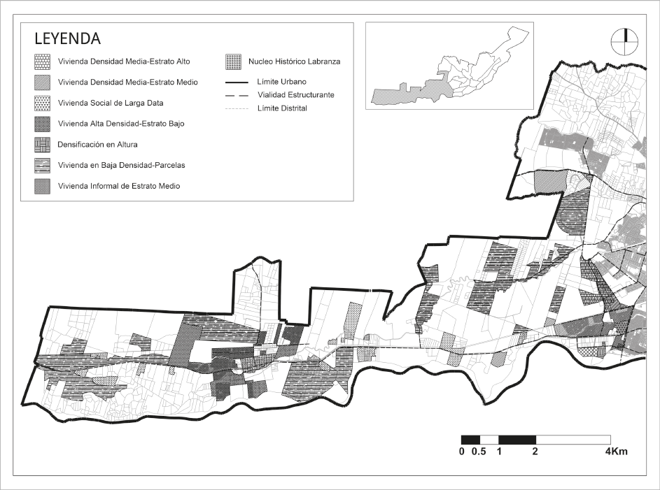Esquema espacial-funcional del distrito Labranza en el cual se indican su vialidad estructurante y sus principales áreas residenciales.