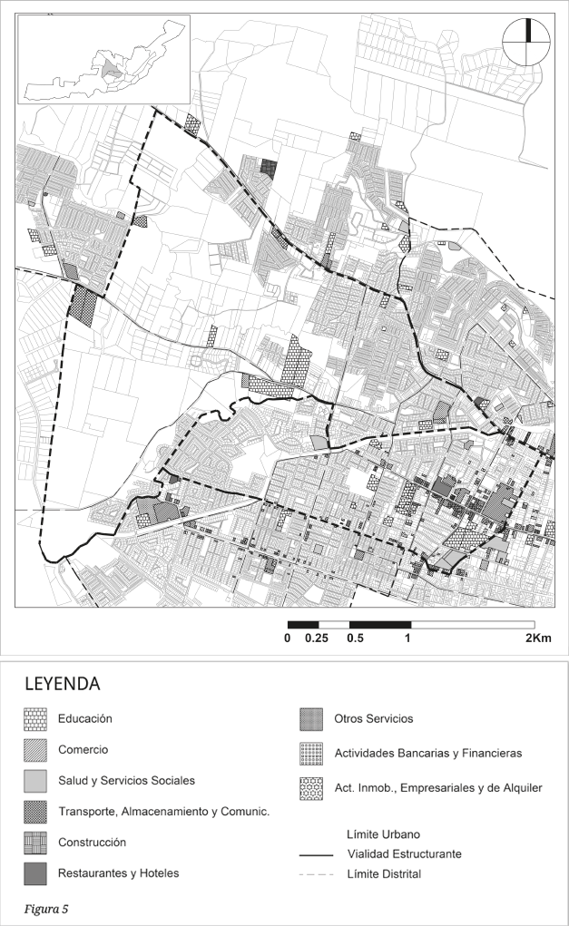 Distribución espacial de la actividad terciaria en el distrito Estero Coihueco y distrito Avenida Alemania. Se observa una mayor concentración de servicios en esta última unidad.