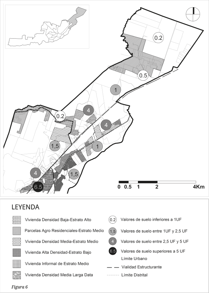 Distribución espacial de la estructura de rentas del suelo en el distrito San Carlos, en la cual se puede observar un aumento de los valores hacia el centro de la ciudad.
