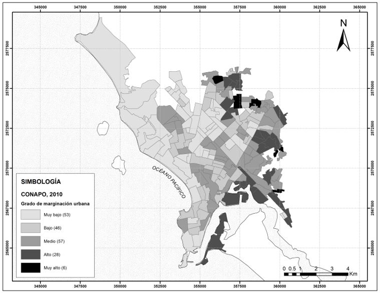 Figura 3. Distribución de los niveles de marginación urbana en la ciudad de Mazatlán