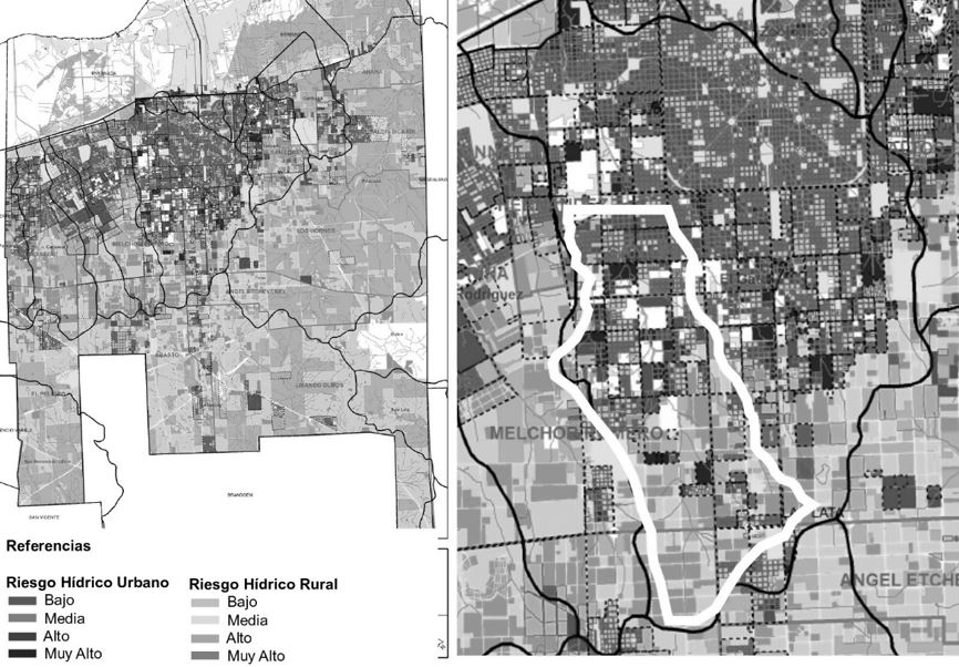 Figura 2. Mapa de riesgo en el Gran La Plata, cuenca y subcuenca del Arroyo del Gato