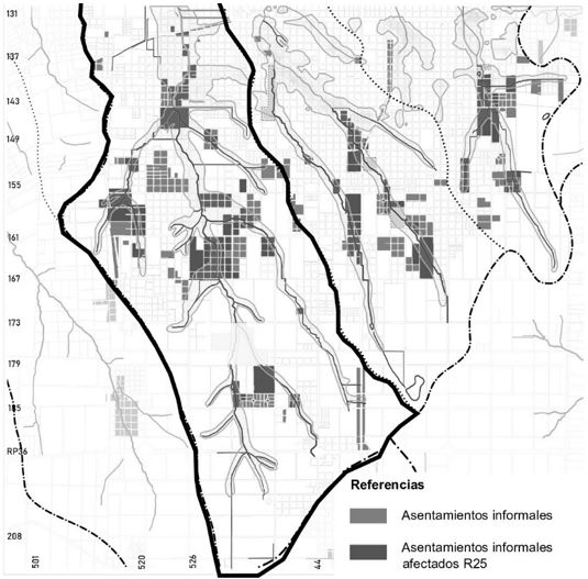 Figura 3. Recurrencia de inundación a veinticinco años en la cuenca del Arroyo del Gato superpuesta a la ocupación de asentamientos informales