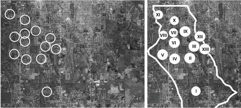 Figura 4. Imagen resultante de la superposición del riesgo hídrico, la ocupación y la recurrencia a veinticinco años, donde se destacan los trece sectores de estudio