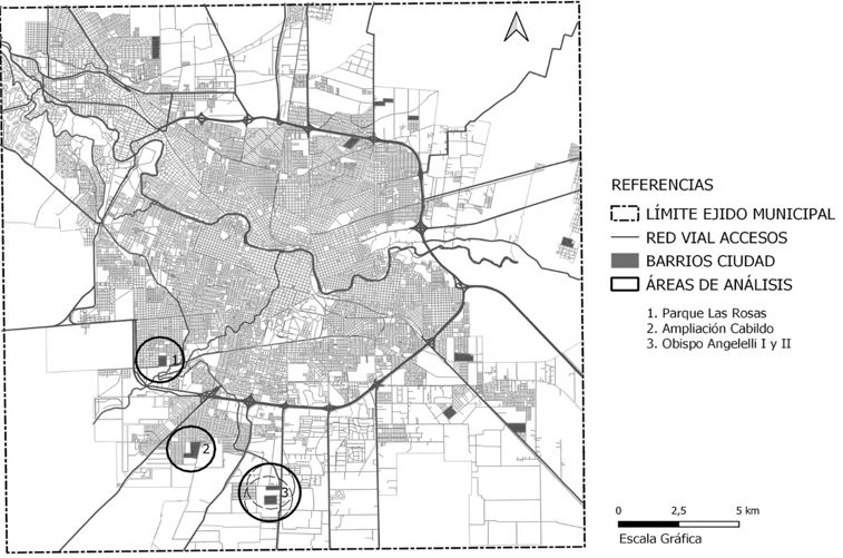 Figura 1.  Localizaci�n de 11 barrios ciudades del programa MCMV  en el ejido municipal de la Ciudad de C�rdoba y su planta urbana (en c�rculo  los que toma este estudio)