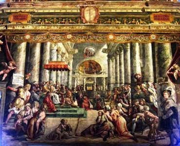 Giulio Romano y Giovanni Francesco Penni: La Donación de Roma al Papa Silvestre I, Sala de Constantino, Museos del Vaticano, 1520.. 