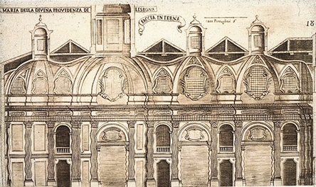 Fachada de la iglesia de la Divina Providencia de Lisboa, Portugal. Foto tomada del tratado de Guarino Guarini, Architettura civile, 193.
