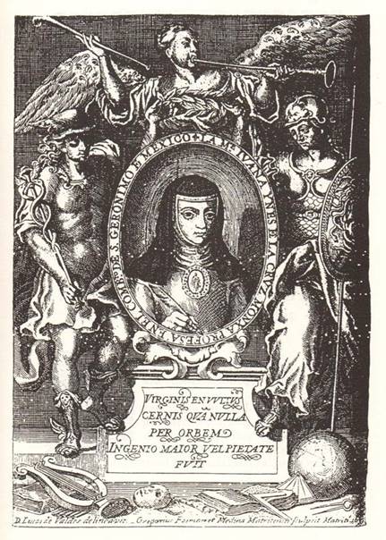 Retrato de Sor Juana Inés de la Cruz con la escuadra y el compás. Frontispicio del Segvndo volvmen de las Obras de Soror Jvana Ines de la Crvz, monja profesa en el monasterio del Señor San Geronimo de la Civdad de Mexico, dedicado por sv misma avtora A D. Juan de Orue y Arbieto Cavallero de la Orden de Santiago, Año 1692. Con privilegio, En Sevilla, por Tomas Lopez de Haro, Impressor, y Mercader de Libros. Foto tomada de: Sor Juana Inés de la Cruz: Segundo volumen de sus obras, edición facsimilar, introducción de Margo Glantz, 2ª ed., México, CDMX, UNAM, Facultad de Filosofía y Letras, 2010. El dibujo del retrato fue realizado por el pintor sevillano Lucas Valdés y el grabado por el madrileño Gregorio Fosman y Medina. Reprografía: Martha Fernández.