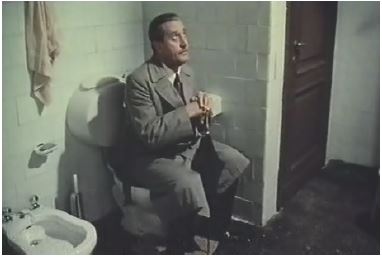 Before going to his initiation, Giovanni Vivaldi goes to the bathroom to ask God for forgiveness.