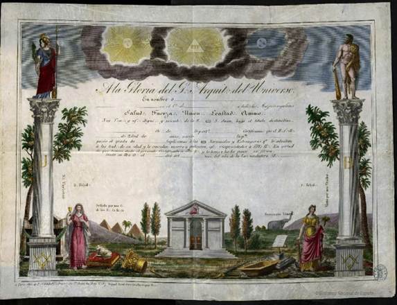 Diploma mas�nico con el modelo del grado 26� Pr�ncipe de Merced. 54