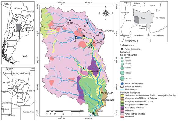 Ubicación geográfica de las cuencas de los ríos Ceballos y Salsipuedes, características litológicas, ubicación de las estaciones de muestreo de aguas y principales localidades de la región