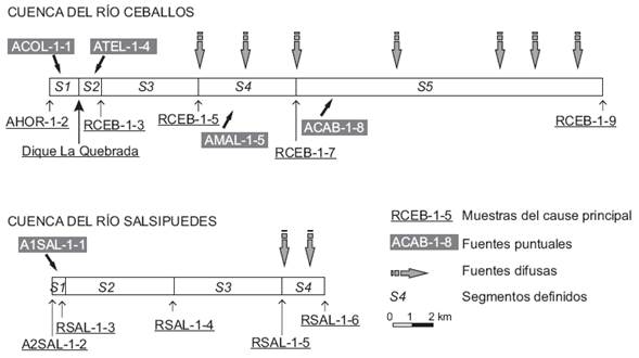 Representación esquemática de los segmentos definidos aguas abajo para la modelación con QUAL2Kw