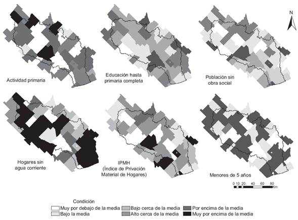 Mapas construidos con base en los valores estandarizados (puntaje Z) para cada una de las variables analizadas. IPMH = Indice de Privaci&oacute;n Material de Hogares.