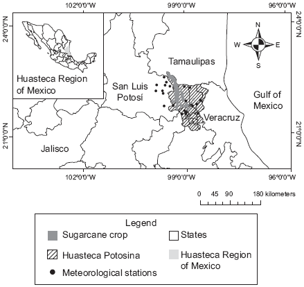 Study area. Meteorological stations as black dots (author’sown production)