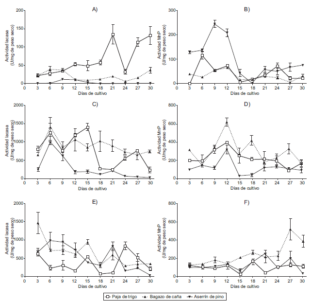Actividad lacasa y manganeso peroxidasa (MnP) de Daedalea elegans PM7 (A y B), Pycnoporus sanguineus ACT1 (C y D) y Trametes maxima SM9 (E y F) en fermentaci&oacute;n s&oacute;lida en tres residuos agroindustriales: paja de trigo ( ), bagazo de ca&ntilde;a (▼) y aserr&iacute;n de pino (▲). Media &plusmn; error est&aacute;ndar (n = 3).