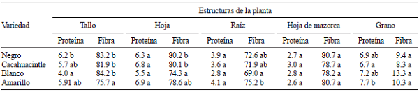 PORCENTAJE DE PROTE&Iacute;NA Y FIBRA DE CADA ESTRUCTURA DE LA PLANTA EN DIFERENTES VARIEDADESDE MA&Iacute;Z NATIVO