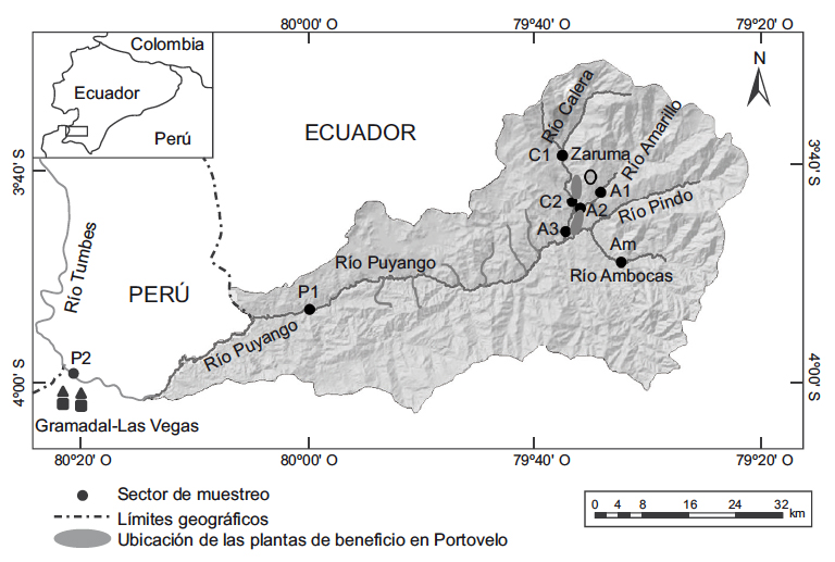 Ubicaci&oacute;n de los sectores de muestreo de sedimentos en la cuenca del r&iacute;o Puyango, Ecuador