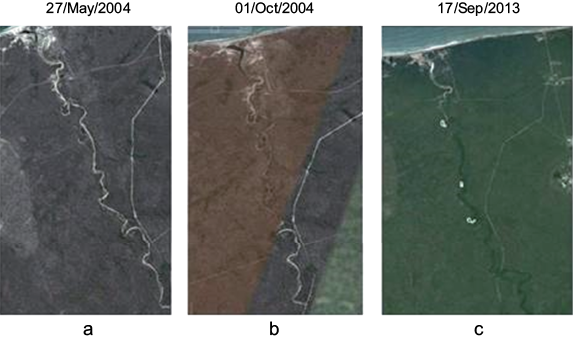 Diferencia temporal de cobertura de bosques ribereños en la cuenca baja de la quebrada Chilán, Manabí, Ecuador. (a) El cauce del río está completamente despejado y definido en 2004, (b) El cauce del río se observa parcialmente, como consecuencia de la regeneración de la vegetación ribereña en 2009 y (c) El cauce del río no se puede apreciar debido a la regeneración de la cobertura del bosque ribereño en 2013. Fuente: Imágenes tomadas de Google Earth.