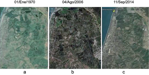 Evolución de la cobertura de bosques ribereños en la cuenca baja del río Portoviejo, Manabí, Ecuador. En la escena (a) del año 1970 ya se aprecia una notable intervención del paisaje en ambas márgenes del río. Esta situación se ve acentuada en las escenas (b-c) correspondientes a los años 2006 y 2014. Fuente: Imágenes tomadas de Google Earth.