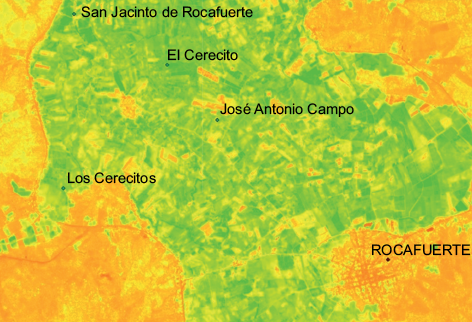 Índice Normalizado de Diferencia de Vegetación, donde destaca la inexistencia de una estructura boscosa en las márgenes del río Portoviejo. Los tonos verdes representan áreas cultivadas y pastizales, y los tonos amarillo y marrón, áreas muy intervenidas y/o desprovistas de vegetación.