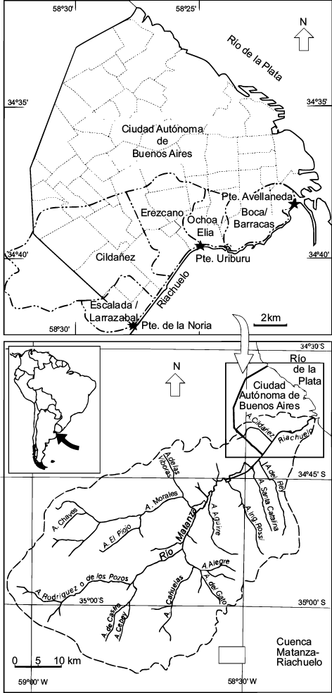 Mapa de la cuenca Matanza-Riachuelo y detalle del curso en su cuenca baja (Riachuelo) con estaciones de monitoreo (Puente la Noria, Puente Uriburu y Puente Avellaneda) y subcuencas hidrogr�ficas que drenan las aguas de escorrent�a pluvial de la Ciudad Aut�noma de Buenos Aires