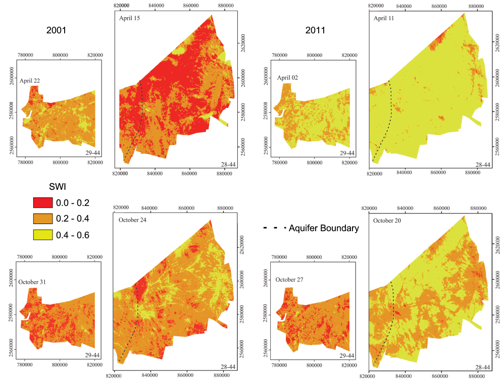 Soil wetness index (SWI) for the months of April and October 2001 and 2011, for Santo Domingo, San Luis Potos&iacute;, Mexico