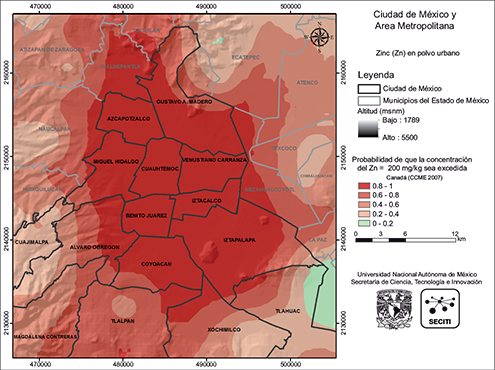 &Aacute;reas contaminadas con Zn en polvos urbanos de la CDMX con el LMP de 200 mg/kg establecido por las normas canadienses (CCME 2007)
     