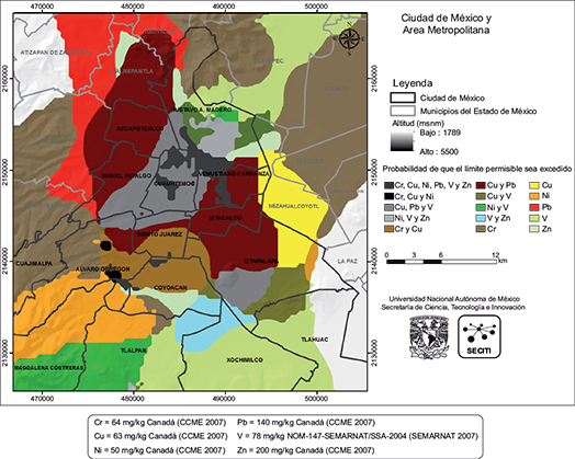 Mapa de integraci&oacute;n de las superficies contaminadas con MP contenidos en los polvos de la CDMX de acuerdo con las normas mexicanas para Cr, Pb y V y las normas canadienses para  Cu, Ni y Zn