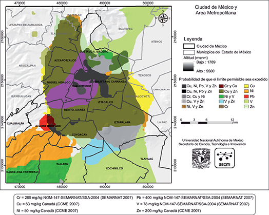 Mapa de integraci&oacute;n de las superficies contaminadas con MP contenidos en los polvos de la CDMX de acuerdo con las normas mexicanas para V y las normas canadienses para Cr, Cu, Ni, Pb y Zn