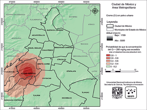 &Aacute;reas contaminadas con Cr en polvos urbanos de la CDMX con el LMP de 280 mg/kg establecido por las normas mexicanas (SEMARNAT 2007)