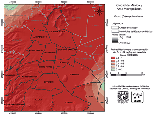 &Aacute;reas contaminadas con Cr en polvos urbanos de la CDMX con el LMP de 64 mg/kg establecido por las normas canadienses (CCME 2007)