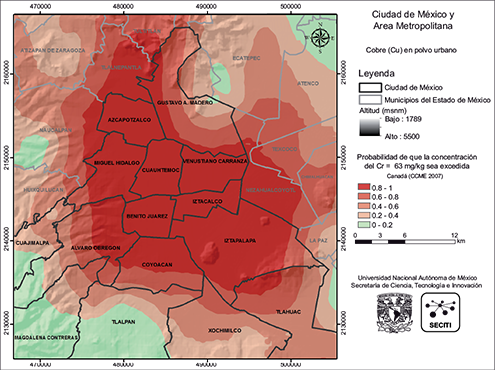 &Aacute;reas contaminadas con Cu en polvos urbanos de la CDMX con el LMP de 63 mg/kg establecido por las normas canadienses (CCME 2007)