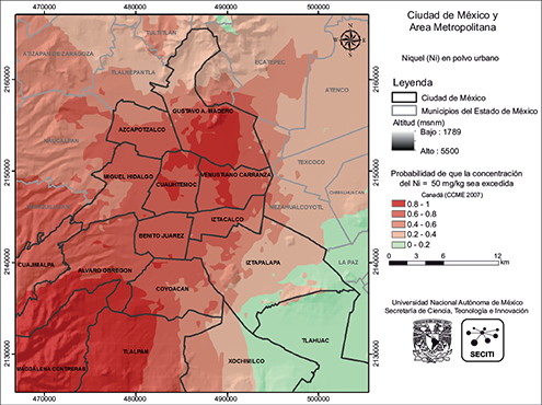 &Aacute;reas contaminadas con Ni en polvos urbanos de la CDMX con el LMP de 50 mg/kg establecido por las normas canadienses (CCME 2007)