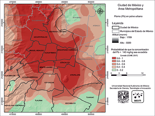 &Aacute;reas contaminadas con Pb en polvos urbanos de la CDMX con el LMP de 140 mg/kg establecido por las normas canadienses (CCME 2007)