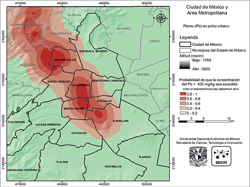&Aacute;reas contaminadas con Pb en polvos urbanos de la CDMX con el LMP de 400 mg/kg establecido por las normas mexicanas (SEMARNAT 2007)