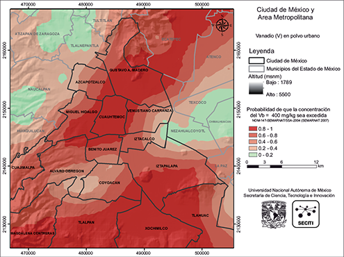 &Aacute;reas contaminadas con V en polvos urbanos de la CDMX con el LMP de 78 mg/kg establecido por las normas mexicanas (SEMARNAT 2007)