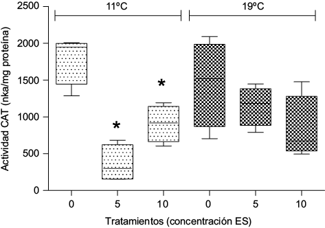 Actividad de catalasa (CAT) (nkat/mg proteína) en Myriophyllum quitense expuesta a distintas temperaturas. Cajas y bigotes: media ± error estándar de la media. *Indica diferencias significativas respecto del control (tratamiento correspondiente a 0 mg/L ES) (prueba de Tukey) (p < 0.05). N =5