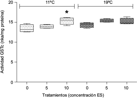 Actividad de glutation-S-transferasa citosólica (GSTc) (nkat/mg proteína) en Myriophyllum quitense expuesta a distintas temperaturas. Cajas y bigotes: media ± error estándar de la media. *Indica diferencias significativas respecto del control (tratamiento correspondiente a 0 mg/L ES) (prueba de Tukey) (p < 0.05). N = 5