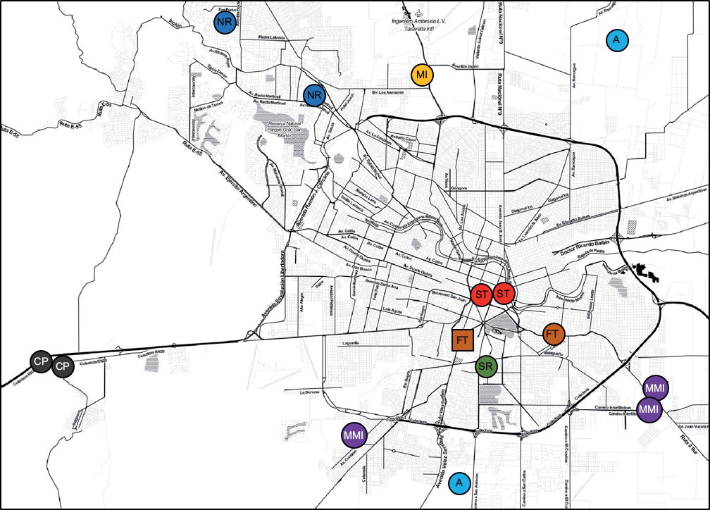 Ubicación de las principales fuentes de emisión de contaminantes atmosféricos en la ciudad de Córdoba. A = agricultura, CP = planta de cemento, MI = industria metalúrgica, MMI = industria metalmecánica, FT = tráfico fluido en avenidas, ST = tráfico lento en el centro (Mateos et al. 2018). El cuadrado indica el punto de muestreo en este trabajo