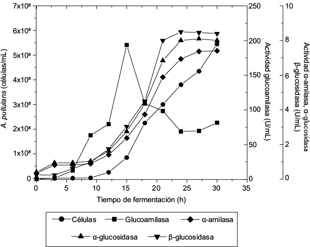 Cintica de crecimiento de Aureobasidium pullulans ATCC15233 y actividad enzimtica de glucoamilasa, α-glucosidasa, β-glucosidasa y α-amilasa en cultivos en lote a nivel reactor