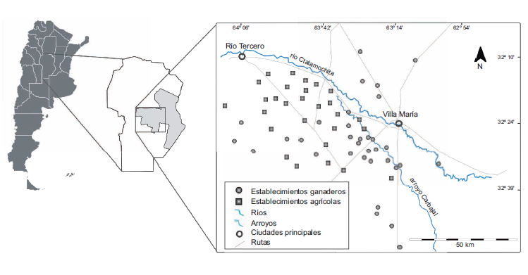 Ubicación espacial de los establecimientos monitoreados en la región centro-sur de la provincia de Córdoba, Argentina