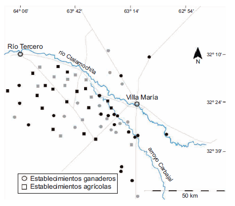 Distribución espacial de los establecimientos monitoreados según la aptitud para consumo humano en la región centro-sur de la provincia de Córdoba, Argentina. En color gris se establecen muestras aptas para consumo humano en relación a los indicadores microbiológicos y en color negro se establecen muestras no aptas (MSDS 2012)