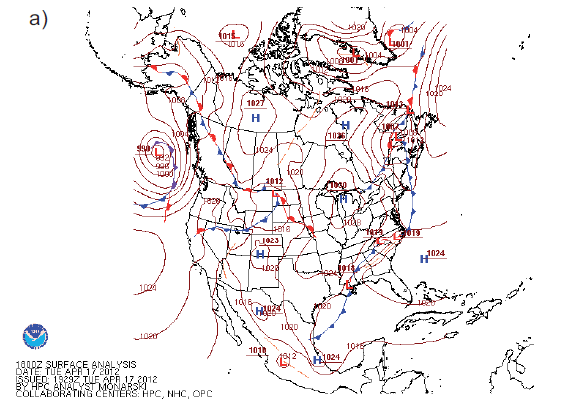 Condiciones sin&oacute;pticas en superficie a las 12:00 h (hora local) para, a) 17; b) 19 y c) 21 de abril.