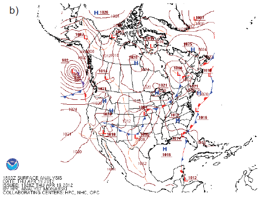 Condiciones sin&oacute;pticas en superficie a las 12:00 h (hora local) para, a) 17; b) 19 y c) 21 de abril. 