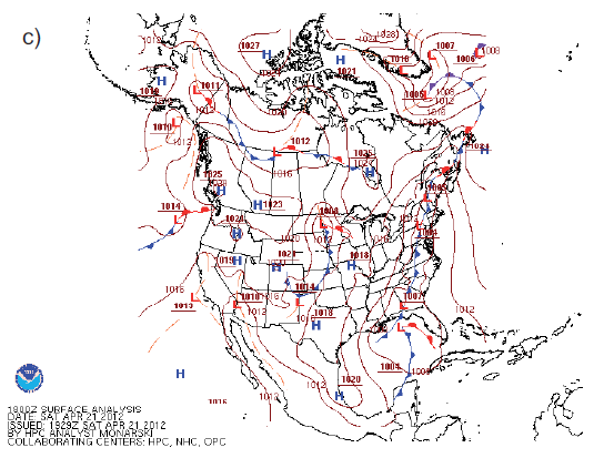 Condiciones sin&oacute;pticas en superficie a las 12:00 h (hora local) para, a) 17; b) 19 y c) 21 de abril.
