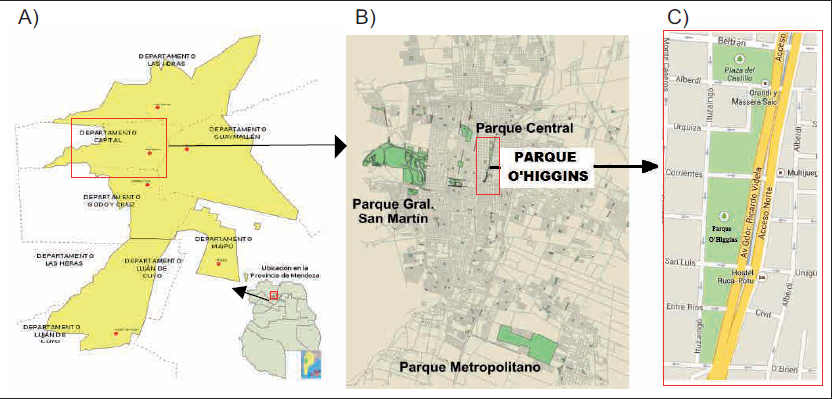 A) &Aacute;rea de estudio dentro de la provincia de Mendoza. B) Ubicaci&oacute;n del parque O&rsquo;Higgins en el &aacute;rea metropolitana de mendoza. C) Detalle de la extensi&oacute;n del parque.