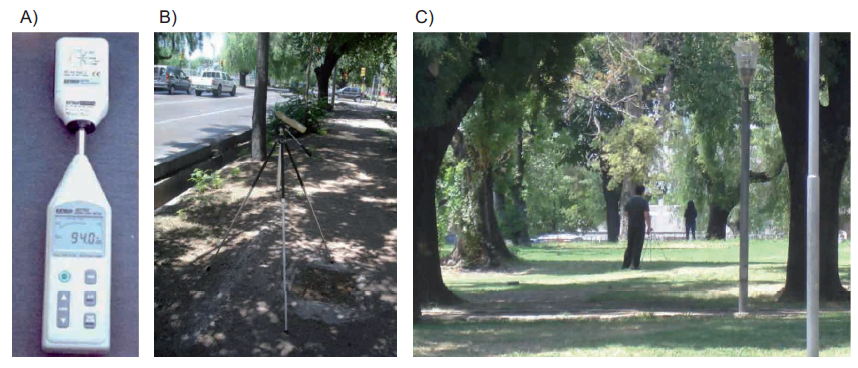 Equipos de medici&oacute;n: A) medidor de nivel sonoro port&aacute;til marca Extech instruments modelo 407762 clase II y calibrador ac&uacute;stico marca Extech instruments modelo 407769, B) tr&iacute;pode marca Benro modelo T800EX, C) disposici&oacute;n de los operarios de los equipos