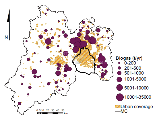 Biogas flow in WDS estimated for year 2015 by using MMB.