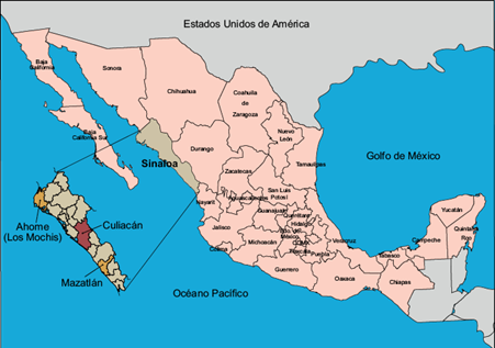 Sinaloa es un estado de M&eacute;xico que se localiza al noroeste del
								pa&iacute;s; se ubica entre los paralelos 27&ordm; 02&rsquo; 32&rdquo; y 22&ordm; 28&rsquo; 02&rdquo; de
								latitud norte, y los meridianos 105&ordm; 23&rsquo; 32&rdquo; y 109&ordm; 26&rsquo; 52&rdquo; de
								longitud oeste, con una superficie de 57 377.2 km2. Sus
								tres principales ciudades son Culiac&aacute;n (capital), Mazatl&aacute;n y Los
								Mochis. Fuente: INEGI 2010,
									SAGARPA 2017
