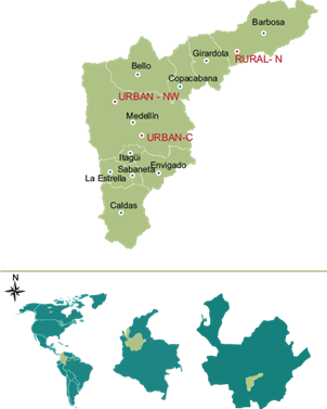 Location of PM2.5 particulate matter sampling sites. Urban Area:
								Urban-C, 6&ordm;16&rsquo;26.46&rdquo;N; 75&ordm;35&rsquo;33.19&rdquo;W and Urban-NW, 6&ordm;12&rsquo;32.06&rdquo;N;
								75&ordm;34&rsquo;40.11&rdquo;C. Rural area: Rural-N, 6&ordm;24&rsquo;23.24&rdquo;N; 75&ordm;25&rsquo;9.08&rdquo;W.
								(Metropolitan Area of the Aburr&aacute; Valley, Antioquia, Colombia, South
								America). Scale: 1:10 km. Source: (AMVA 2016)